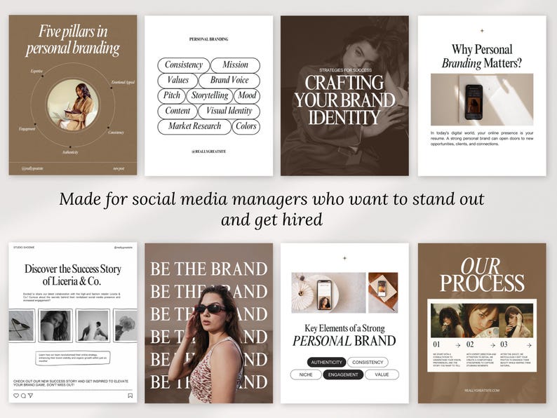 Op de afbeelding: Een verzameling van acht marketing- en brandinggidsen met tekst en afbeeldingen. De gidsen behandelen onderwerpen als personal branding, merkidentiteit en social media management. Het kleurenschema is voornamelijk bruin en wit.
