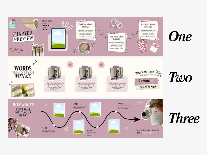 May include: A digital graphic with a light purple background, featuring three horizontal sections. The top section includes the text "Chapter Preview" and "Fun Facts About Reading!". The middle section has the text "Words That Stayed With Me". The bottom section has the text "Romances That Will Melt Your Heart".