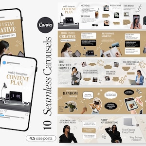 May include: A digital marketing template set featuring 10 seamless Instagram carousel posts. The design includes a phone mockup with the text "How I Stay Creative" and "Weekly Instagram Content Plan". The color scheme is beige, black, and white.