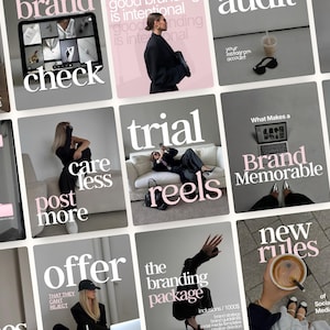 May include: A grid of twelve social media post templates featuring a consistent aesthetic with a grey background, white serif typography, and soft pink accents. The images display various lifestyle scenes, including a person in a black blazer, a laptop screen, a coffee cup, and text overlays such as brand check, trial reels, and new rules.