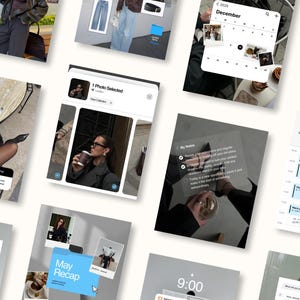 May include: A collection of digital interface mockups, showcasing various app screens. The screens display calendar views, note-taking interfaces, and photo selections. The color palette is neutral, with a focus on white, gray, and black, creating a modern aesthetic.