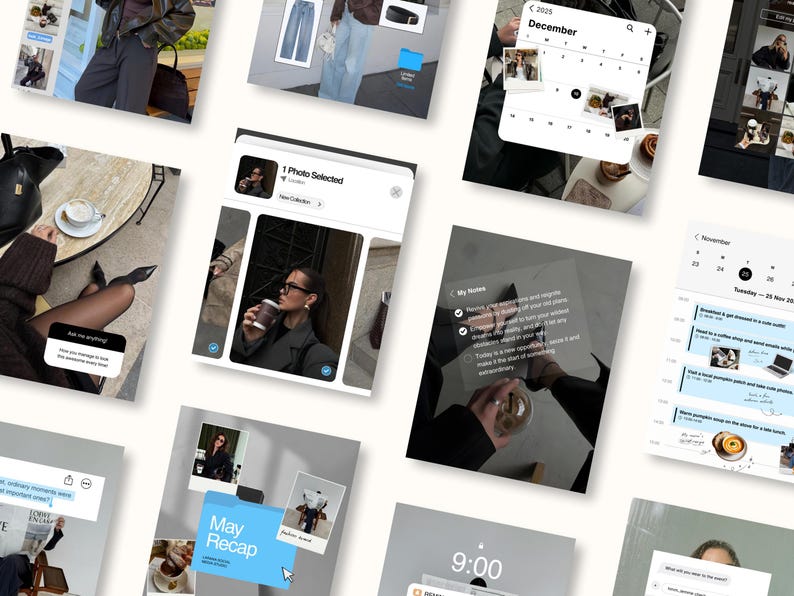 May include: A collection of digital interface mockups, showcasing various app screens. The screens display calendar views, note-taking interfaces, and photo selections. The color palette is neutral, with a focus on white, gray, and black, creating a modern aesthetic.