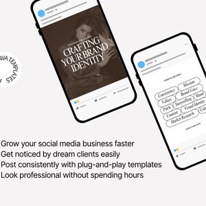 Op de afbeelding: Twee smartphones tonen social media content. E&eacute;n scherm toont "Crafting Your Brand Identity". De andere toont branding elementen zoals "Consistency" en "Brand Voice". De afbeelding bevat ook de tekst: "Laat uw social media bedrijf sneller groeien."