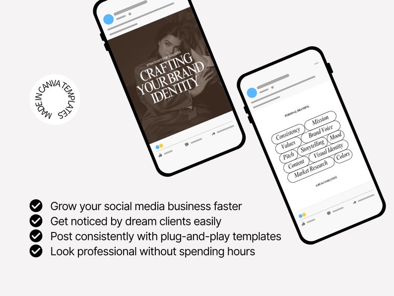 Op de afbeelding: Twee smartphones tonen social media content. E&eacute;n scherm toont "Crafting Your Brand Identity". De andere toont branding elementen zoals "Consistency" en "Brand Voice". De afbeelding bevat ook de tekst: "Laat uw social media bedrijf sneller groeien."