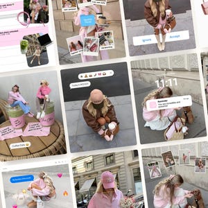 トレンドのiOS Core Instagramコンテンツクリエイターテンプレート、デジタルマーケティング投稿、美的スクラップブック、UGCピンクInstagram投稿キット、SMMバイラル