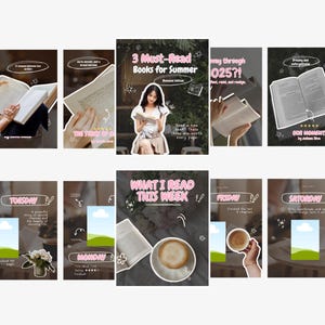 May include: A collection of social media posts with a reading theme. The posts feature images of books, coffee, and a person reading. Text includes "3 Must-Read Books for Summer", "What I Read This Week", and daily updates.