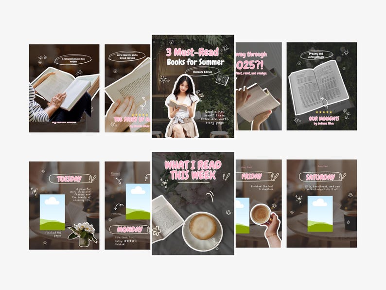 May include: A collection of social media posts with a reading theme. The posts feature images of books, coffee, and a person reading. Text includes "3 Must-Read Books for Summer", "What I Read This Week", and daily updates.