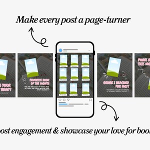 May include: An image promoting book-related content on social media. It features a smartphone displaying a mock-up of a social media profile with book-themed posts. Text includes "Make every post a page-turner" and "Boost engagement & showcase your love for books."