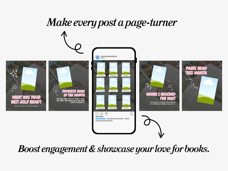 May include: An image promoting book-related content on social media. It features a smartphone displaying a mock-up of a social media profile with book-themed posts. Text includes "Make every post a page-turner" and "Boost engagement & showcase your love for books."