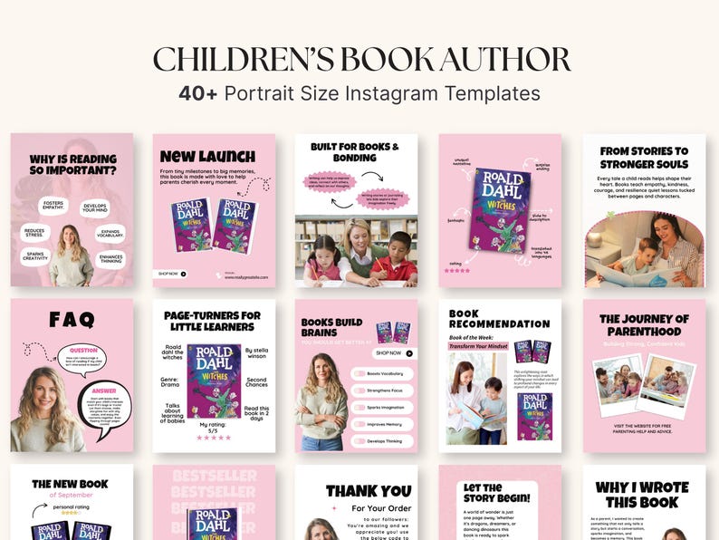 May include: A set of pink Instagram templates for children's book authors, with the text "CHILDREN'S BOOK AUTHOR" and "40+ Portrait Size Instagram Templates." The templates showcase book covers, quotes, and educational content.