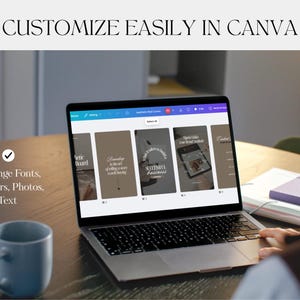 May include: A laptop displaying a Canva interface with customizable templates. The screen shows various designs with text and images. Text on the screen includes "Branding", "Successful Business", and "Customize Easily in Canva". A blue mug and notebook are on the table.