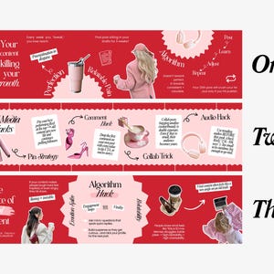 May include: A red infographic with white text and illustrations, divided into three sections. The graphic offers social media and content creation tips, with phrases like "Social Media Hacks" and "Algorithm Hack". Metric measurements are used.