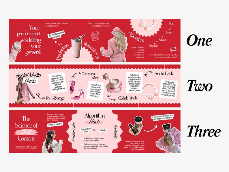 May include: A red infographic with white text and illustrations, divided into three sections. The graphic offers social media and content creation tips, with phrases like "Social Media Hacks" and "Algorithm Hack". Metric measurements are used.