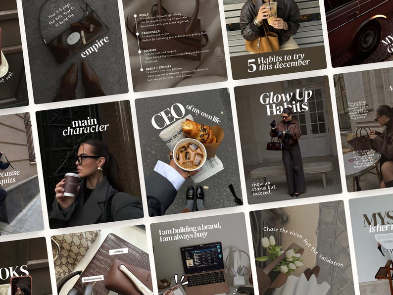 May include: A collage of images with a neutral color palette, featuring text like "empire", "CEO of my own life", and "Glow Up Habits". The images include a purse, coffee, a laptop, and a person holding a drink.