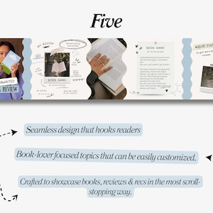 K&ouml;nnte beinhalten: Ein Grafikdesign mit dem Wort "Five" oben, das Buchbesprechungen und den Text "Most Awaited Book Review" zeigt. Das Design enth&auml;lt den Text: "Nahtloses Design, das Leser fesselt" und "Auf Buchliebhaber ausgerichtete Themen, die leicht angepasst werden k&ouml;nnen."