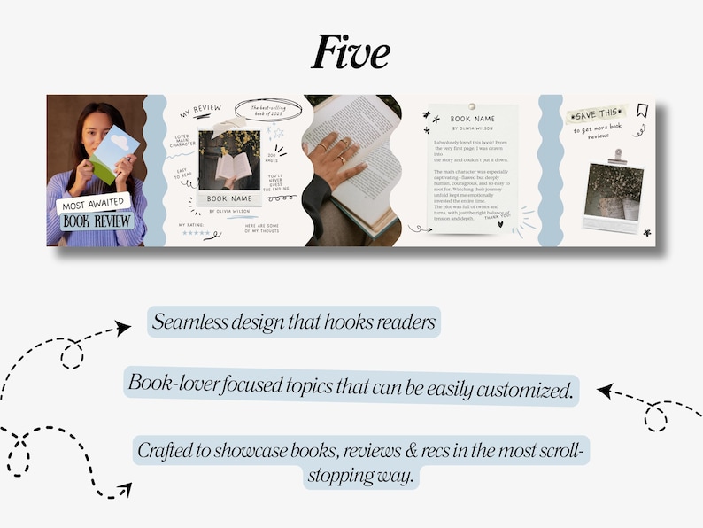 K&ouml;nnte beinhalten: Ein Grafikdesign mit dem Wort "Five" oben, das Buchbesprechungen und den Text "Most Awaited Book Review" zeigt. Das Design enth&auml;lt den Text: "Nahtloses Design, das Leser fesselt" und "Auf Buchliebhaber ausgerichtete Themen, die leicht angepasst werden k&ouml;nnen."