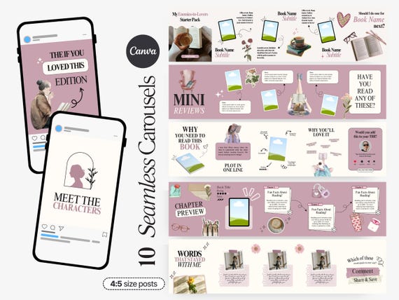 Seamless Bookstagram Canva Carousels, Trendy, Pretty Bookstagram Bundle, Bookish Social Media for Author, Book Influencers, Content Creator