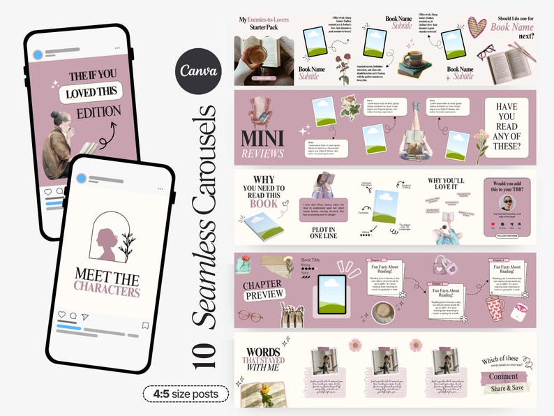 May include: A digital product mockup featuring 10 seamless carousel templates for social media posts. The design includes two smartphone mockups with text, illustrations, and a Canva logo. The color palette is primarily pink and white.