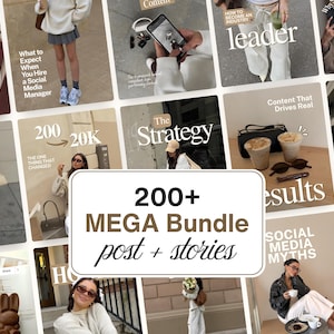 Puede incluir: Una colección de plantillas de marketing digital que presenta un collage de fotografías de estilo de vida con superposiciones neutras en beige y blanco. El gráfico rectangular central muestra el texto 200+ MEGA Bundle post + stories.