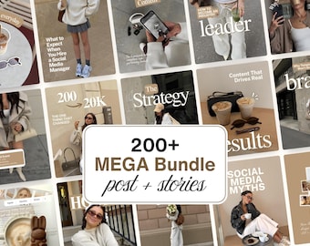 May include: A digital marketing template collection featuring a collage of lifestyle photographs with neutral beige and white overlays. The central white rectangular graphic displays the bold black and brown text 200+ MEGA Bundle post + stories.