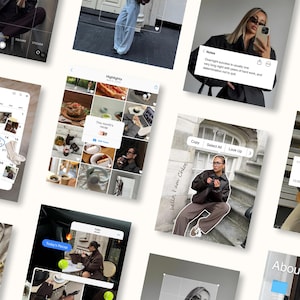 May include: A collage of images featuring lifestyle content. The images include a calendar, food, accessories, and text bubbles with quotes. The color palette is neutral with a focus on fashion and daily life.
