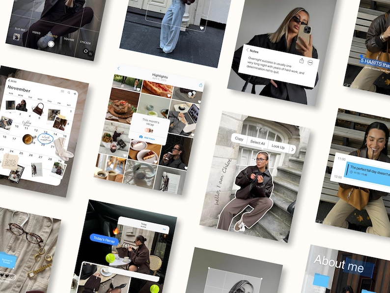 May include: A collage of images featuring lifestyle content. The images include a calendar, food, accessories, and text bubbles with quotes. The color palette is neutral with a focus on fashion and daily life.