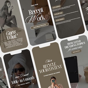 May include: A collection of social media marketing and business-related graphics on mobile phone screens. The screens feature text like "Recent Work," "Guess What?" and "How I made 100k+ in 1 month." The color palette is neutral with shades of brown and white.