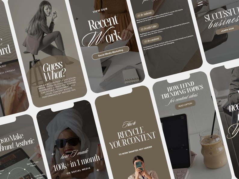 May include: A collection of social media marketing and business-related graphics on mobile phone screens. The screens feature text like "Recent Work," "Guess What?" and "How I made 100k+ in 1 month." The color palette is neutral with shades of brown and white.