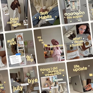 Peut inclure: Un collage de plusieurs images carrées présentant des scènes de vie quotidienne, incluant des selfies miroir, de la lecture, du café et des routines. Les images contiennent des textes jaunes superposés comme OOTD, Soft Habits, August et Weekly Recap.