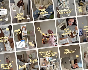 May include: A collage of multiple square images featuring lifestyle scenes, including mirror selfies, reading, coffee, and daily routines. The images contain yellow text overlays such as OOTD, Soft Habits, August, and Weekly Recap, decorated with small star icons.
