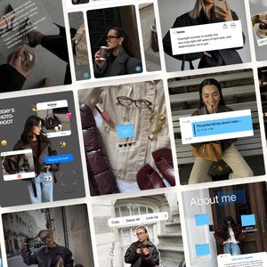 Könnte beinhalten: Eine Sammlung von Bildern mit Mode- und Lifestyle-Themen. Die Bilder zeigen eine Frau in einer braunen Jacke und Jeans sowie eine beige Jacke mit Accessoires. Textüberlagerungen und verschiedene Artikel sind ebenfalls sichtbar.