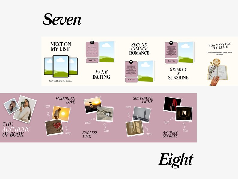 May include: A graphic featuring book-themed elements. It includes images of tablets, book covers, and photographs. Text includes "Next on My List," "Fake Dating," "Second Chance Romance," "Grumpy x Sunshine," and "The Aesthetic of Book."