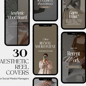 May include: An image showcasing a collection of 30 aesthetic reel covers for social media managers. The covers feature various designs with text like "Aesthetic Mood Board", "Recycle Your Content", and "Recent Work". The color palette is neutral with a touch of beige.