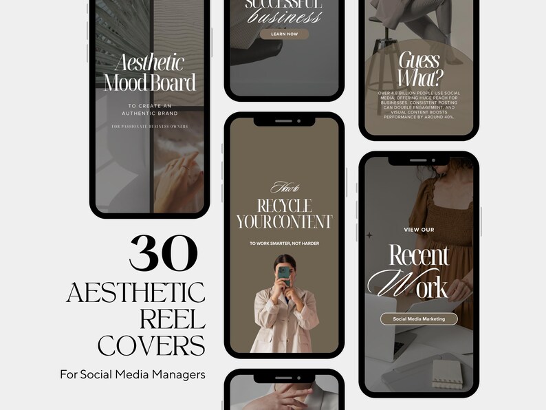 May include: An image showcasing a collection of 30 aesthetic reel covers for social media managers. The covers feature various designs with text like "Aesthetic Mood Board", "Recycle Your Content", and "Recent Work". The color palette is neutral with a touch of beige.