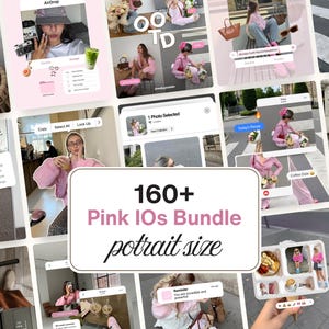 Peut inclure: Une collection numérique de plus de 160 icônes et widgets iOS sur le thème rose présentés sous forme de collage. Les images montrent diverses scènes de vie, des vêtements roses, des cafés et des éléments d'interface mobile avec le texte 160+ Pink IOs Bundle.