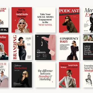 Puede incluir: Una colecci&oacute;n de gu&iacute;as de marketing en redes sociales y portadas de revistas. Las portadas presentan textos llamativos e im&aacute;genes de personas con atuendos elegantes. Los temas incluyen branding, presencia en redes sociales y engagement.