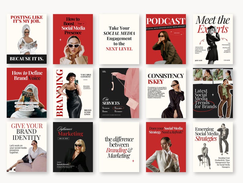 Puede incluir: Una colecci&oacute;n de gu&iacute;as de marketing en redes sociales y portadas de revistas. Las portadas presentan textos llamativos e im&aacute;genes de personas con atuendos elegantes. Los temas incluyen branding, presencia en redes sociales y engagement.