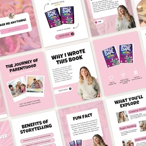 May include: A series of pink and white social media posts advertising a book. The posts include images of the book cover, a woman, and text discussing the book's themes and benefits. The book is titled "Roald Dahl Witches".
