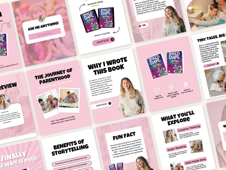 May include: A series of pink and white social media posts advertising a book. The posts include images of the book cover, a woman, and text discussing the book's themes and benefits. The book is titled "Roald Dahl Witches".