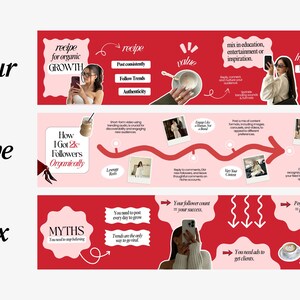 May include: A graphic with red and pink backgrounds, featuring text and images related to social media growth. The text includes "recipe for organic growth," "how I got 2k followers organically," and "myths." The image also shows a woman holding a phone.