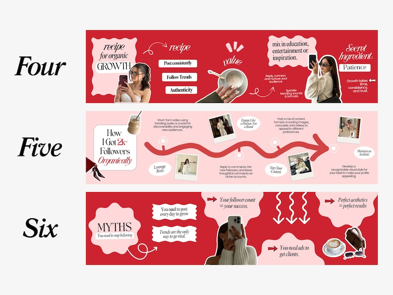 May include: A graphic with red and pink backgrounds, featuring text and images related to social media growth. The text includes "recipe for organic growth," "how I got 2k followers organically," and "myths." The image also shows a woman holding a phone.