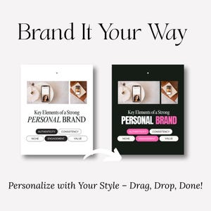 Op de afbeelding: Afbeelding met twee digitale mockups voor een persoonlijke merkpresentatie. De tekst luidt "Brand It Your Way" en "Key Elements of a Strong Personal Brand." Het ontwerp bevat een telefoonmockup en een witte pijl. De onderste tekst luidt "Personalize with Your Style - Drag, Drop, Done!"