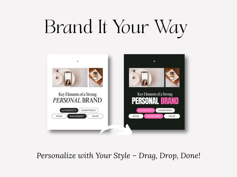Op de afbeelding: Afbeelding met twee digitale mockups voor een persoonlijke merkpresentatie. De tekst luidt "Brand It Your Way" en "Key Elements of a Strong Personal Brand." Het ontwerp bevat een telefoonmockup en een witte pijl. De onderste tekst luidt "Personalize with Your Style - Drag, Drop, Done!"