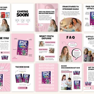 May include: A series of pink and white promotional graphics for a book. The graphics include the book cover, author's name, and text such as "Coming Soon" and "New Book".
