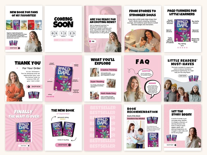 May include: A series of pink and white promotional graphics for a book. The graphics include the book cover, author's name, and text such as "Coming Soon" and "New Book".