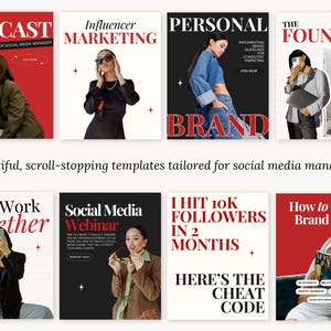 Puede incluir: Una colecci&oacute;n de ocho plantillas de redes sociales con fondos rojos y negros. Cada plantilla presenta un t&iacute;tulo como "Podcast", "Marketing de Influencia" y "Personal Brand". Las plantillas incluyen im&aacute;genes de personas y texto como "Here's the Cheat Code."