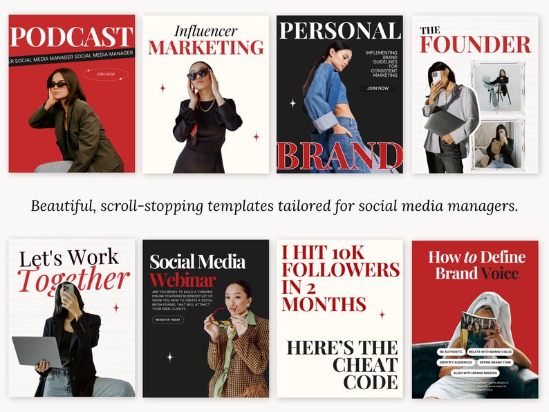 Puede incluir: Una colecci&oacute;n de ocho plantillas de redes sociales con fondos rojos y negros. Cada plantilla presenta un t&iacute;tulo como "Podcast", "Marketing de Influencia" y "Personal Brand". Las plantillas incluyen im&aacute;genes de personas y texto como "Here's the Cheat Code."