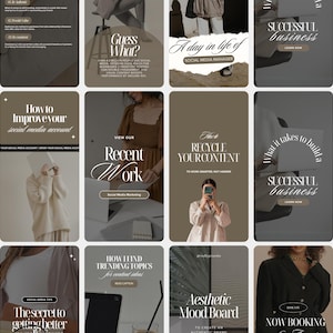 May include: A collection of social media marketing-themed Instagram story templates in shades of brown and beige. The templates feature text such as "Recent Work," "Successful Business," and "How to Improve Your Social Media Account."