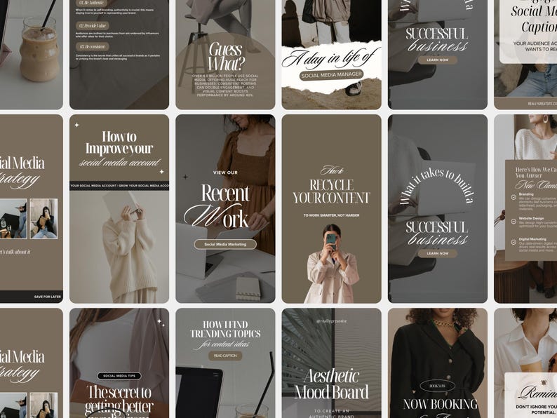 May include: A collection of social media marketing-themed Instagram story templates in shades of brown and beige. The templates feature text such as "Recent Work," "Successful Business," and "How to Improve Your Social Media Account."
