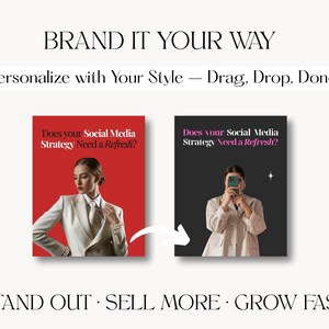 Puede incluir: Imagen con el texto "BRAND IT YOUR WAY" y "Personaliza con tu estilo - Arrastrar, soltar, &iexcl;listo!". Se muestran dos im&aacute;genes, una con fondo rojo y otra con fondo negro. Ambas im&aacute;genes tienen el texto "&iquest;Necesita tu estrategia de redes sociales una actualizaci&oacute;n?"